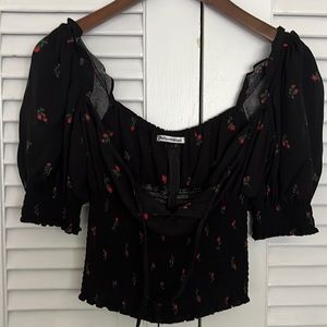Reformation black rose shirred square neck crop
